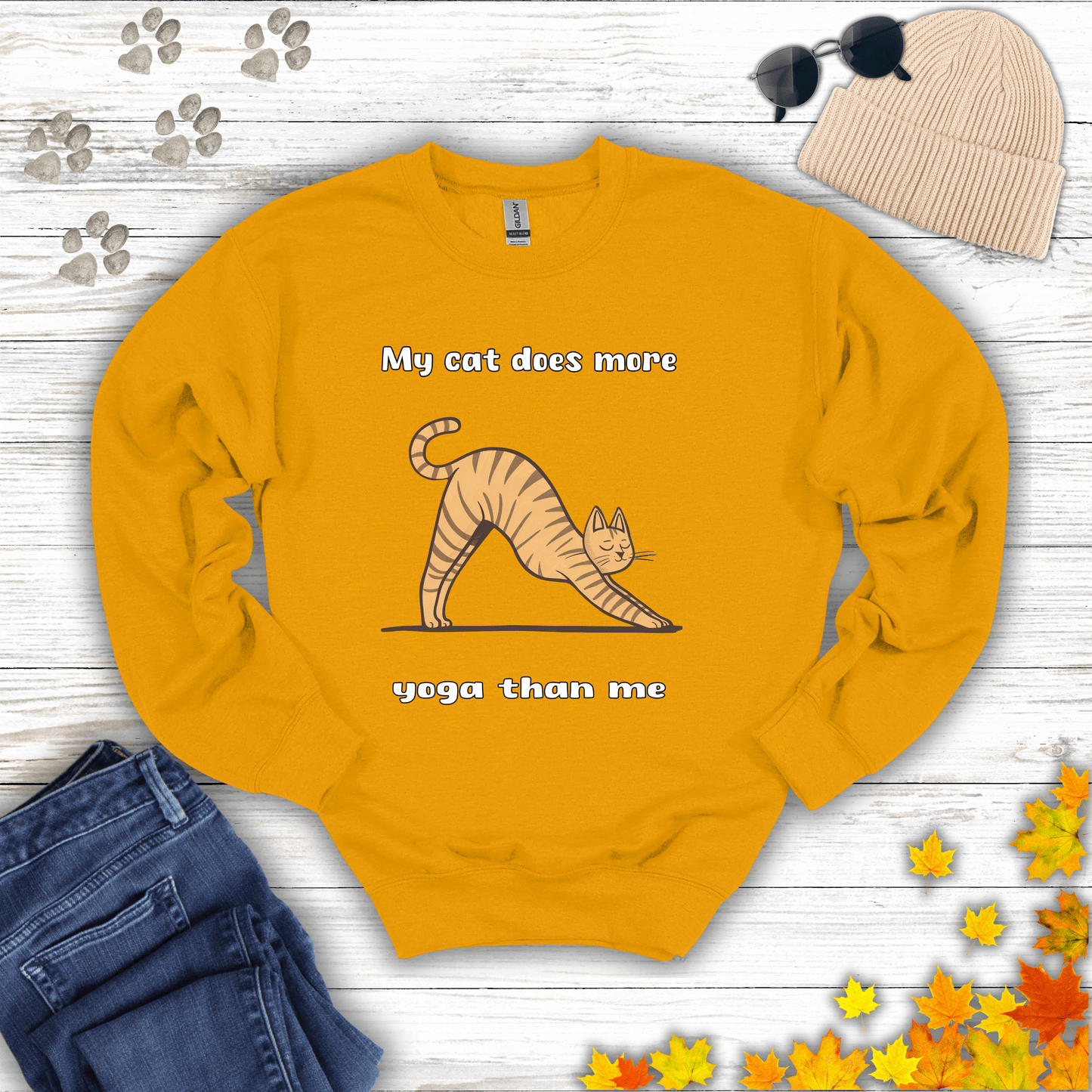 My cat does more yoga than me Sweatshirt S / Gold unisex graphic t-shirt