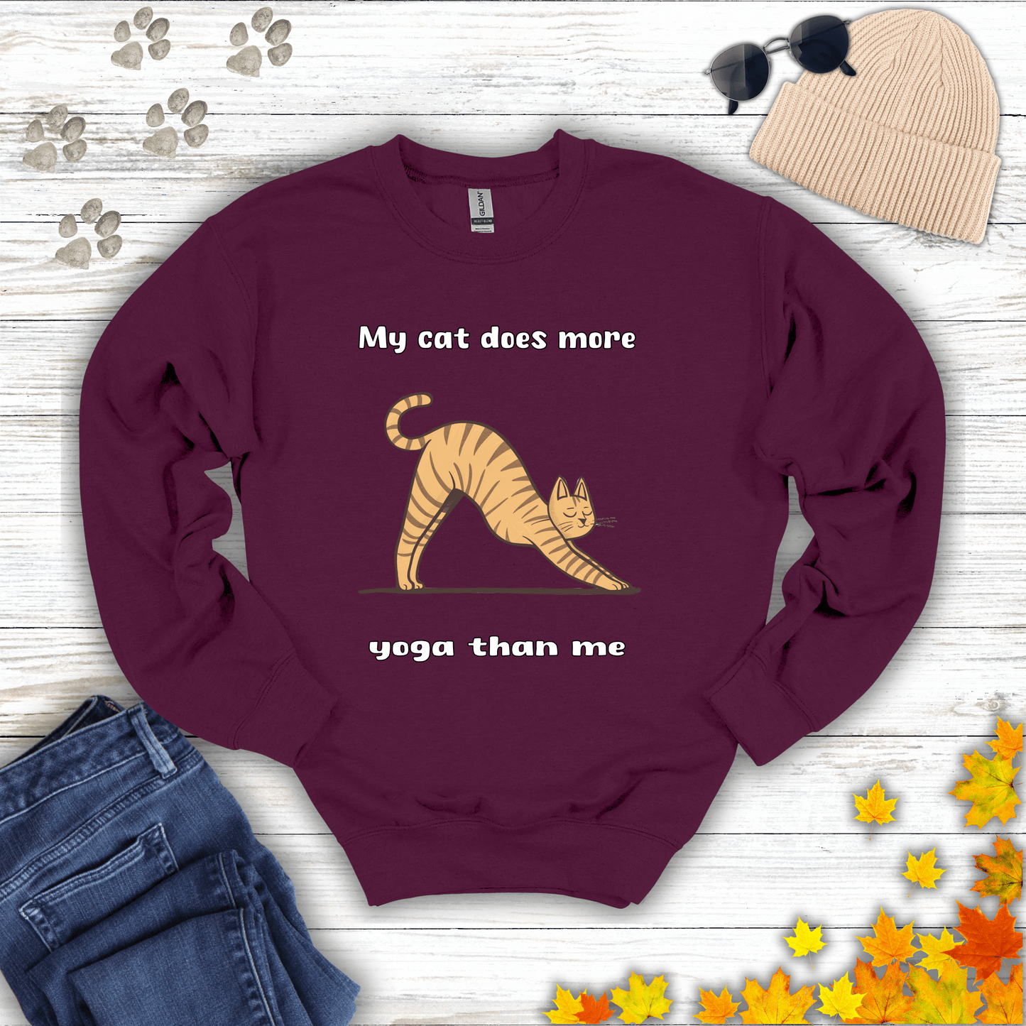 My cat does more yoga than me Sweatshirt S / Maroon unisex graphic t-shirt