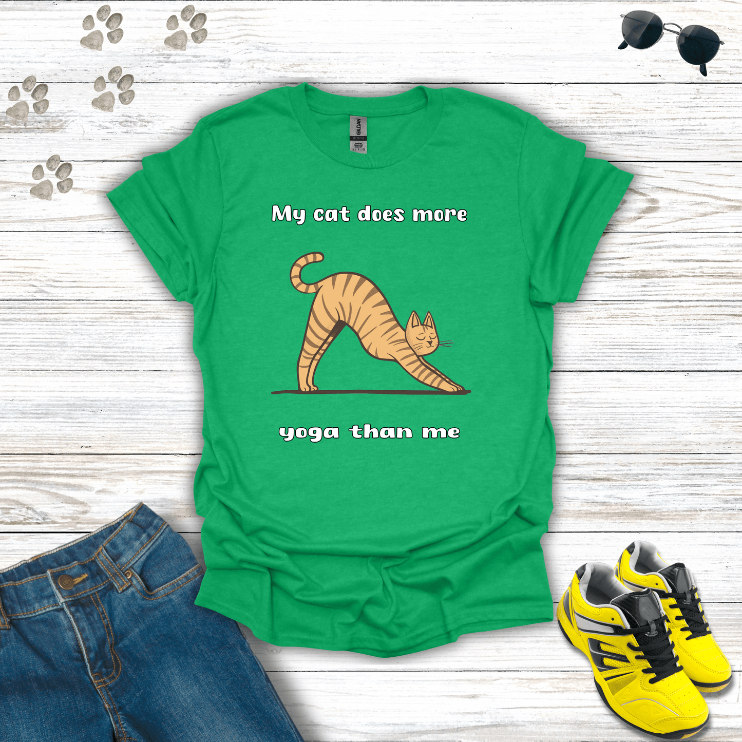 My Cat Does More Yoga Than Me T-shirt in Heather Irish Green — funny cat yoga shirt for pet lovers