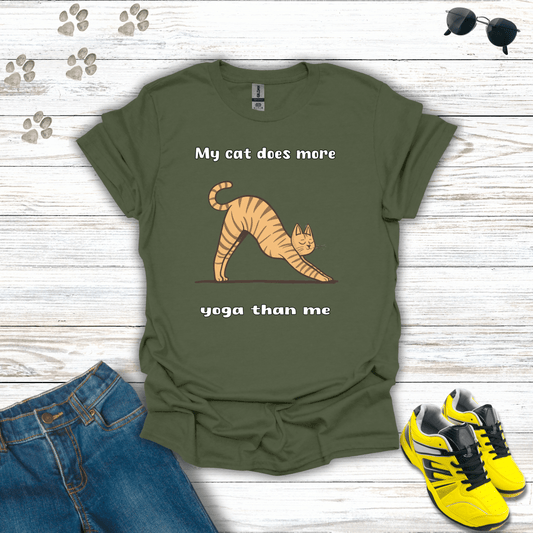 My Cat Does More Yoga Than Me T-shirt in Military Green — yoga cat tee with playful text