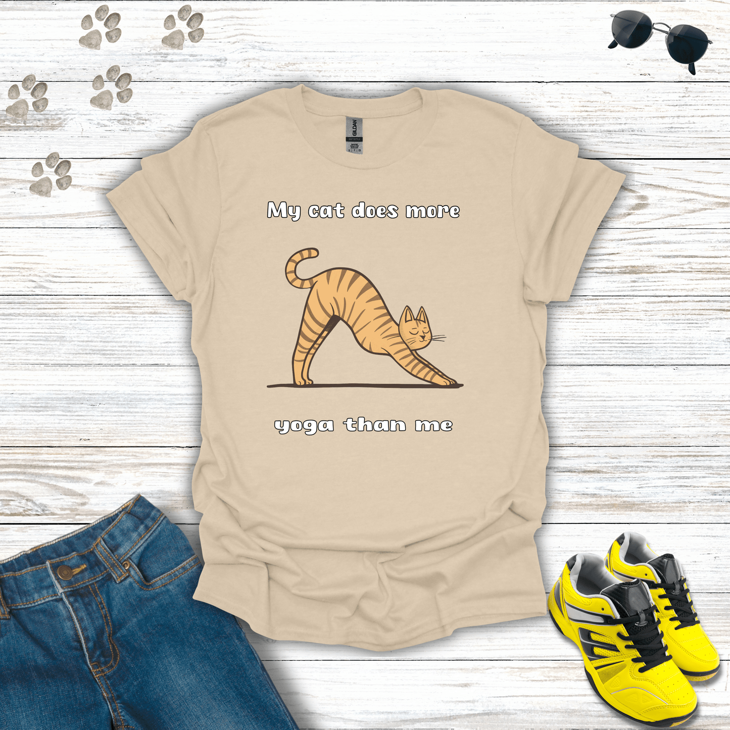 My Cat Does More Yoga Than Me T-shirt in Sand — cat doing downward dog pose yoga design