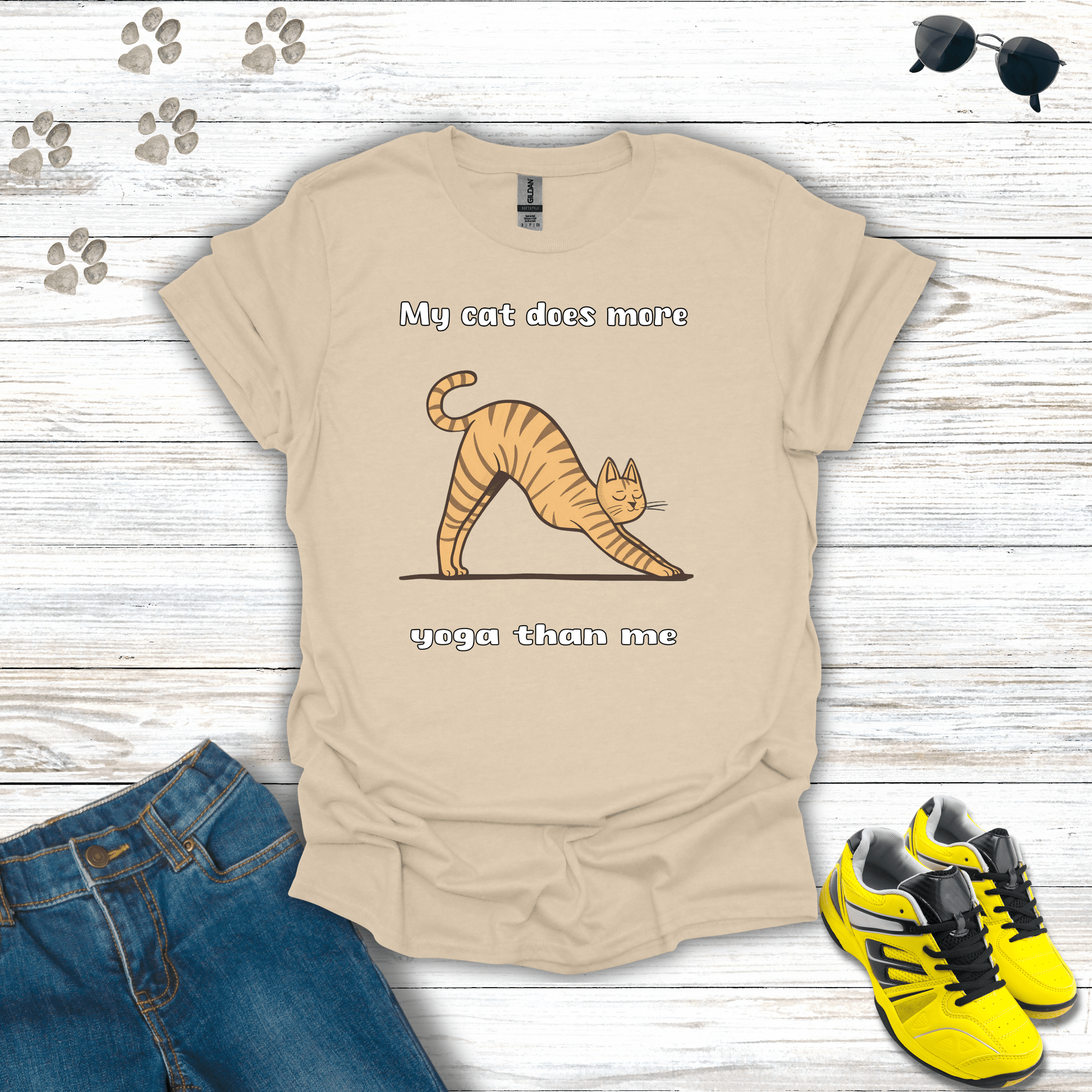 My Cat Does More Yoga Than Me T-shirt in Sand — cat doing downward dog pose yoga design