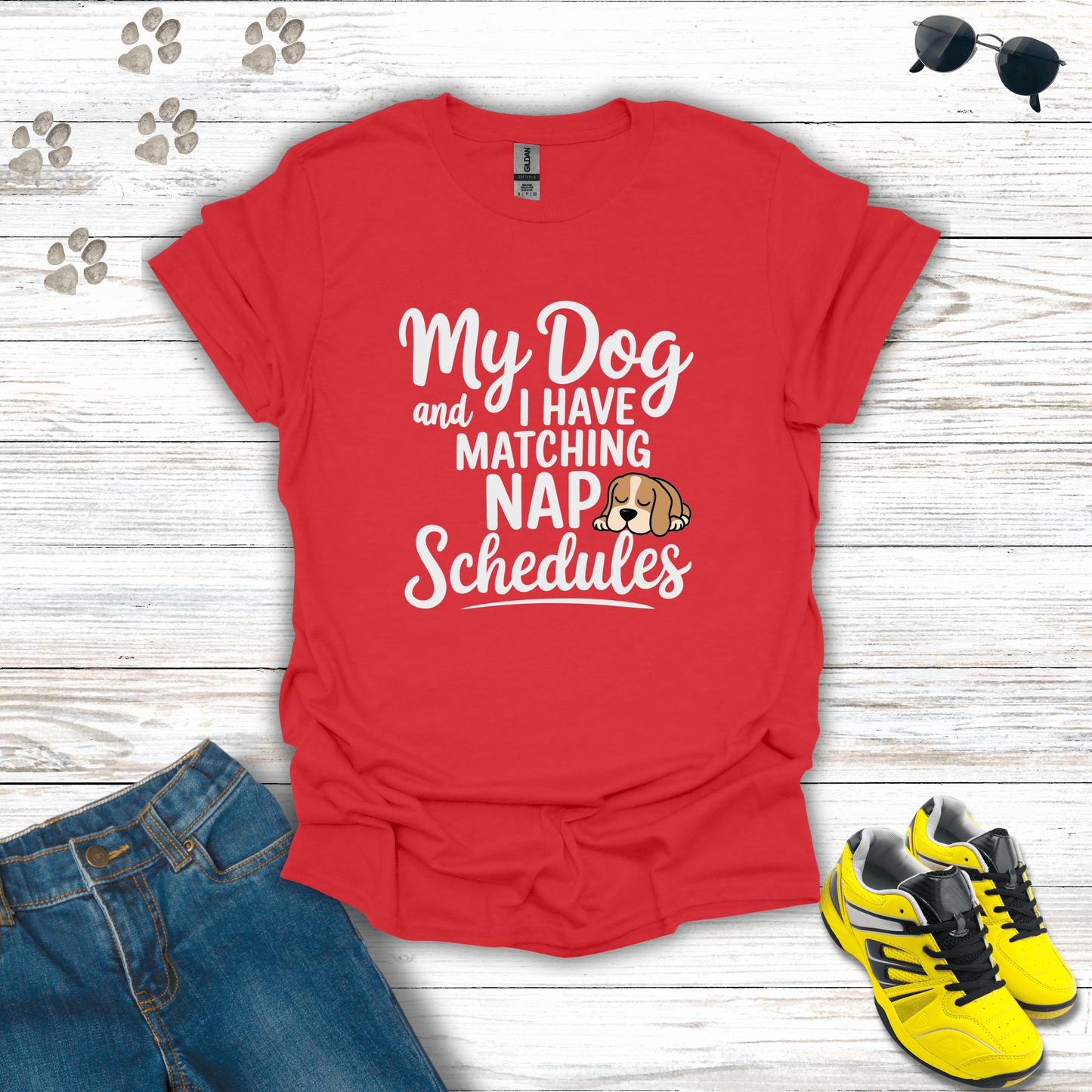 My Dog and I Have Matching Nap Schedules T-Shirt Red / S unisex graphic t-shirt
