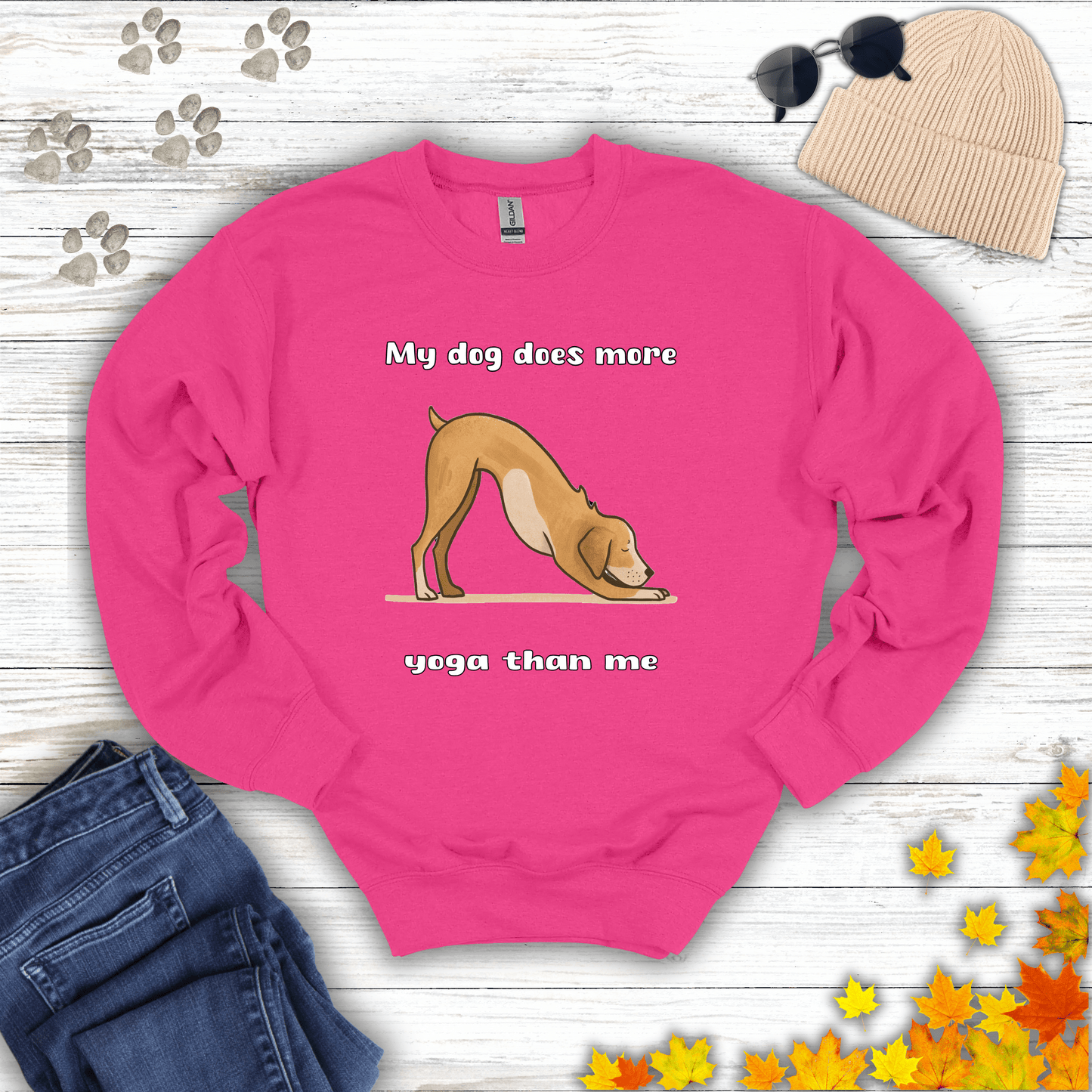 My dog does more yoga than me Sweatshirt S / Heliconia unisex graphic t-shirt