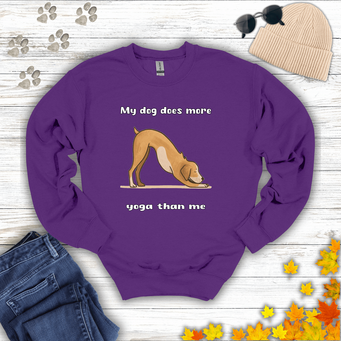 My dog does more yoga than me Sweatshirt S / Purple unisex graphic t-shirt