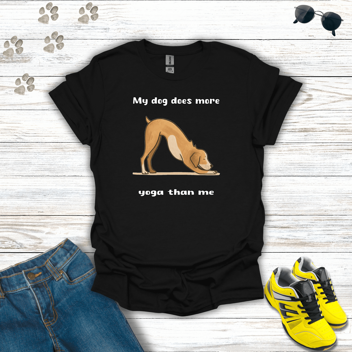 My Dog Does More Yoga Than Me T-shirt in Black — minimalist yoga dog design