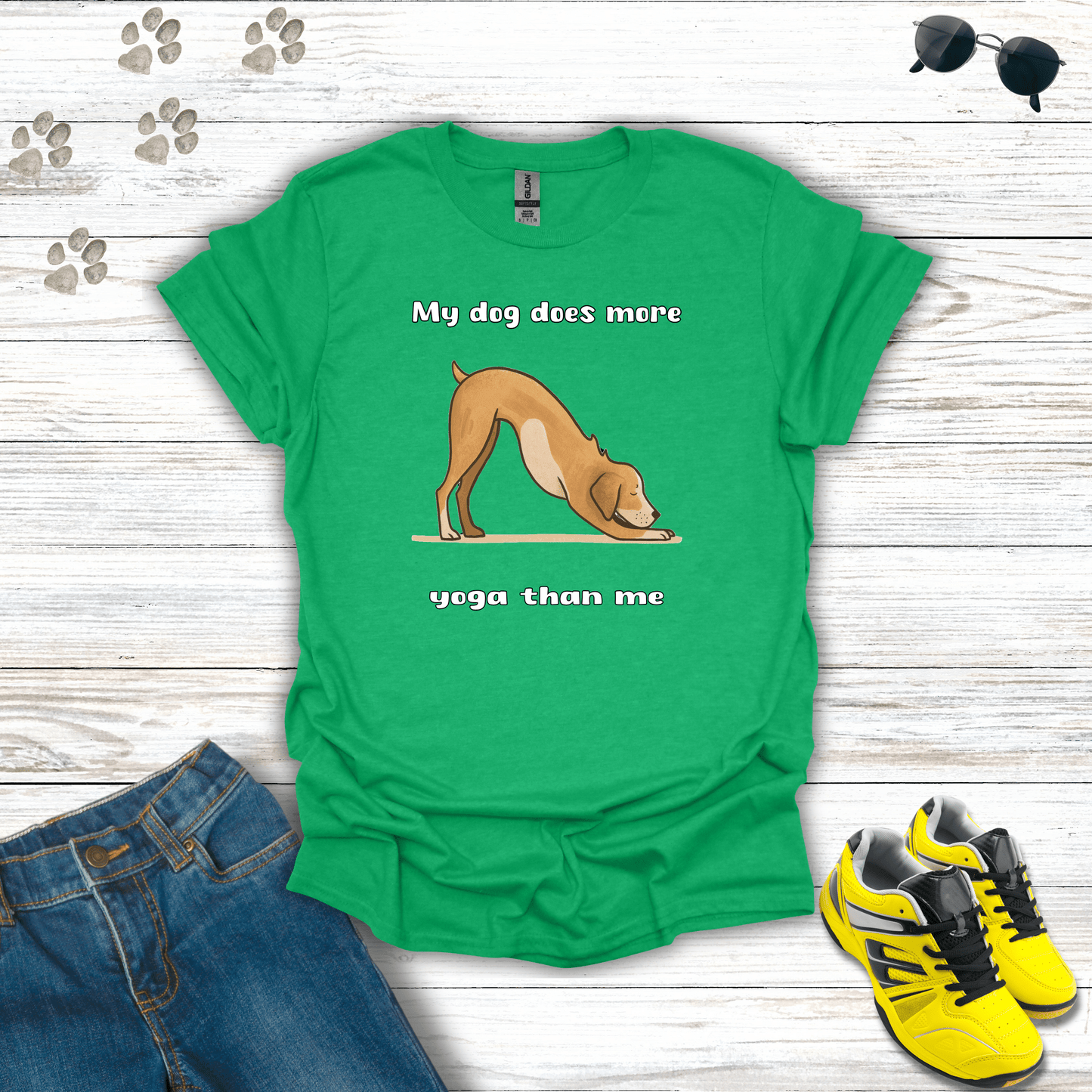 My Dog Does More Yoga Than Me T-shirt in Heather Irish Green — yoga pose dog lover tee