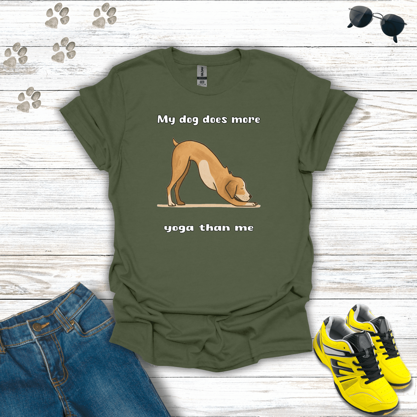 My Dog Does More Yoga Than Me T-shirt in Military Green — funny dog yoga shirt