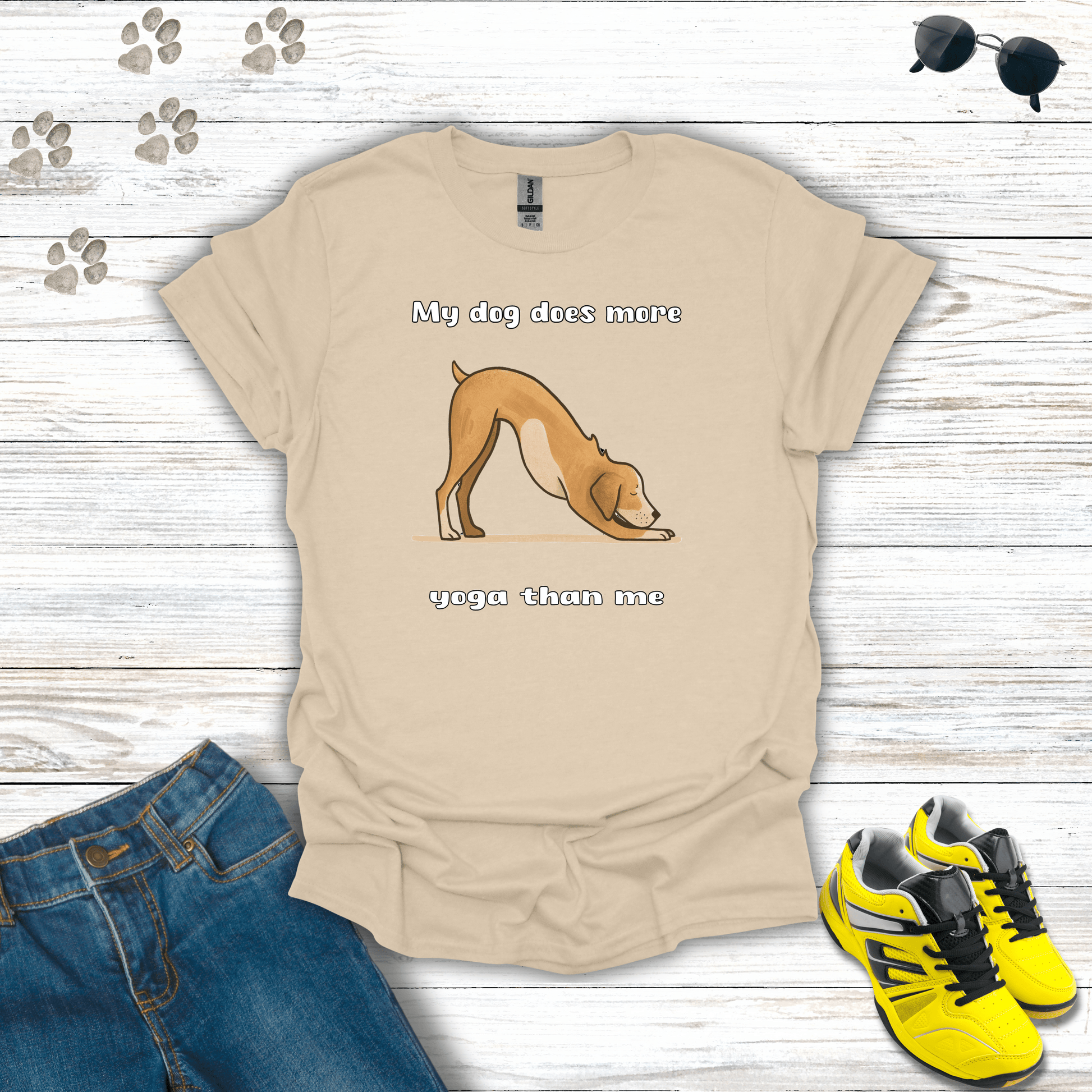My Dog Does More Yoga Than Me T-shirt in Sand — yoga pet humor tee for dog owners