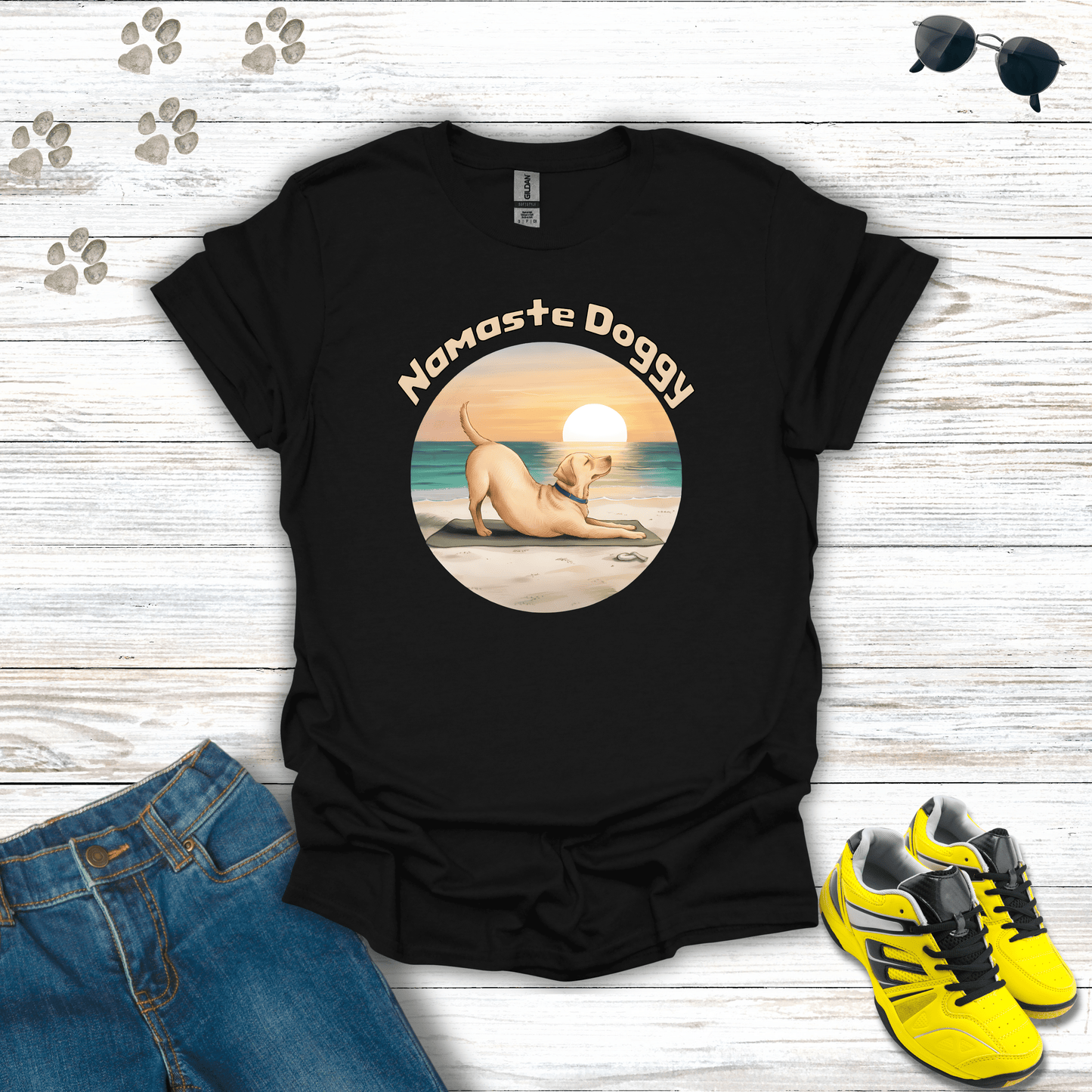 Namaste Doggy T-shirt in Black — minimalist yoga Labrador shirt