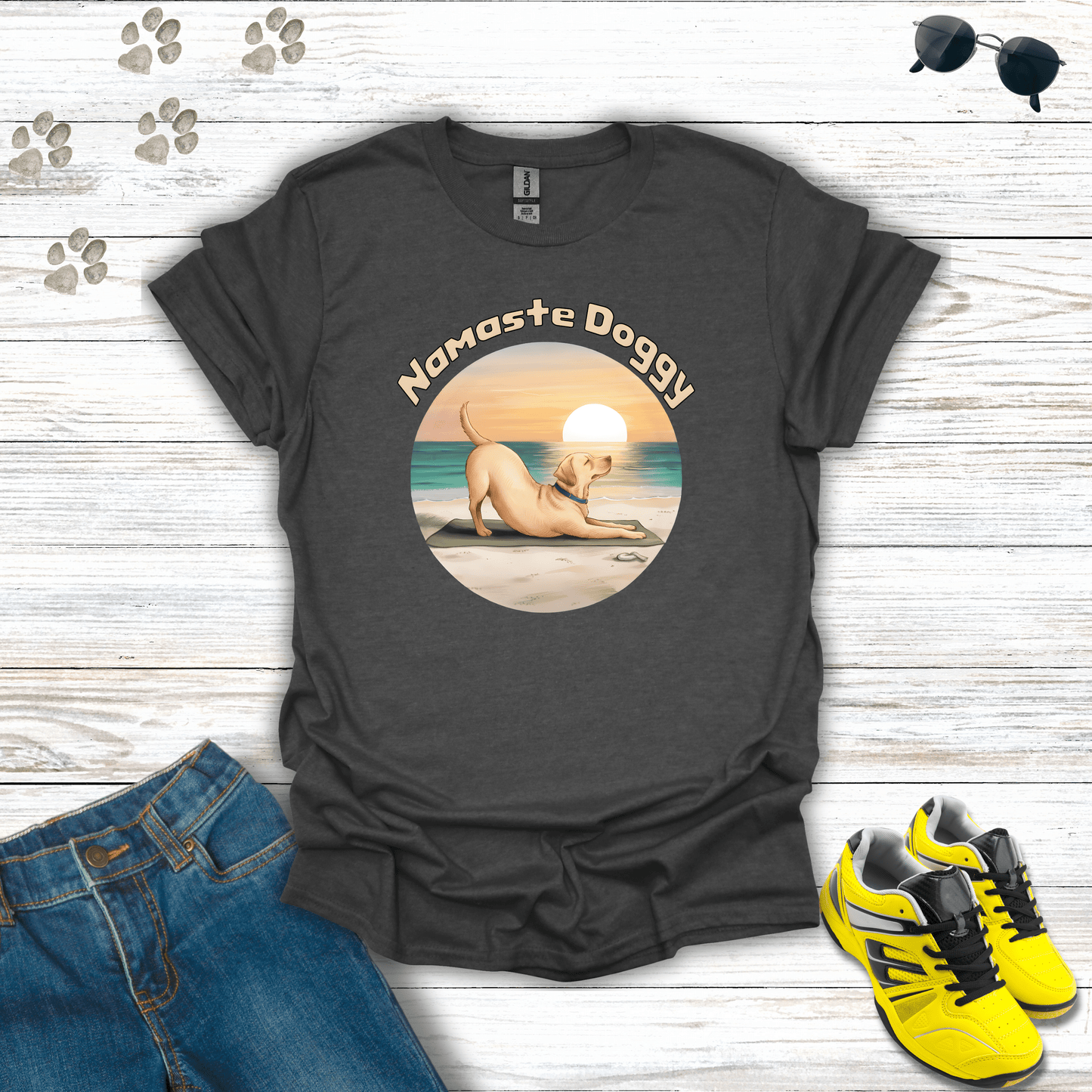 Namaste Doggy T-shirt in Dark Heather — calm Labrador yoga design for dog lovers
