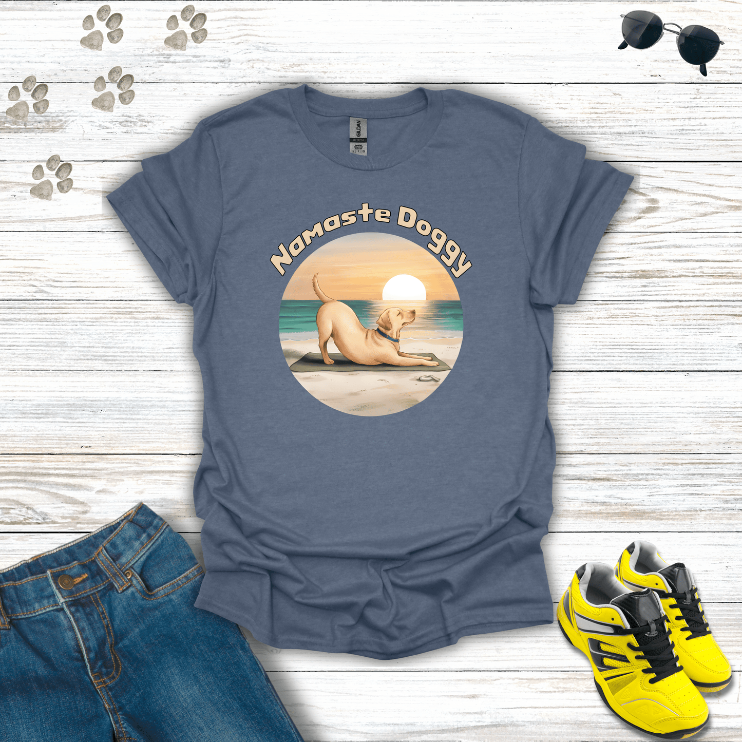 Namaste Doggy T-shirt in Heather Indigo — beach yoga dog graphic tee