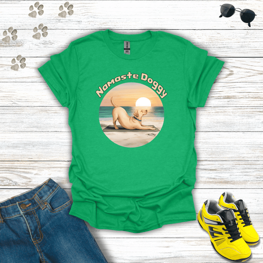 Namaste Doggy T-shirt in Heather Irish Green — peaceful yoga Labrador dog design