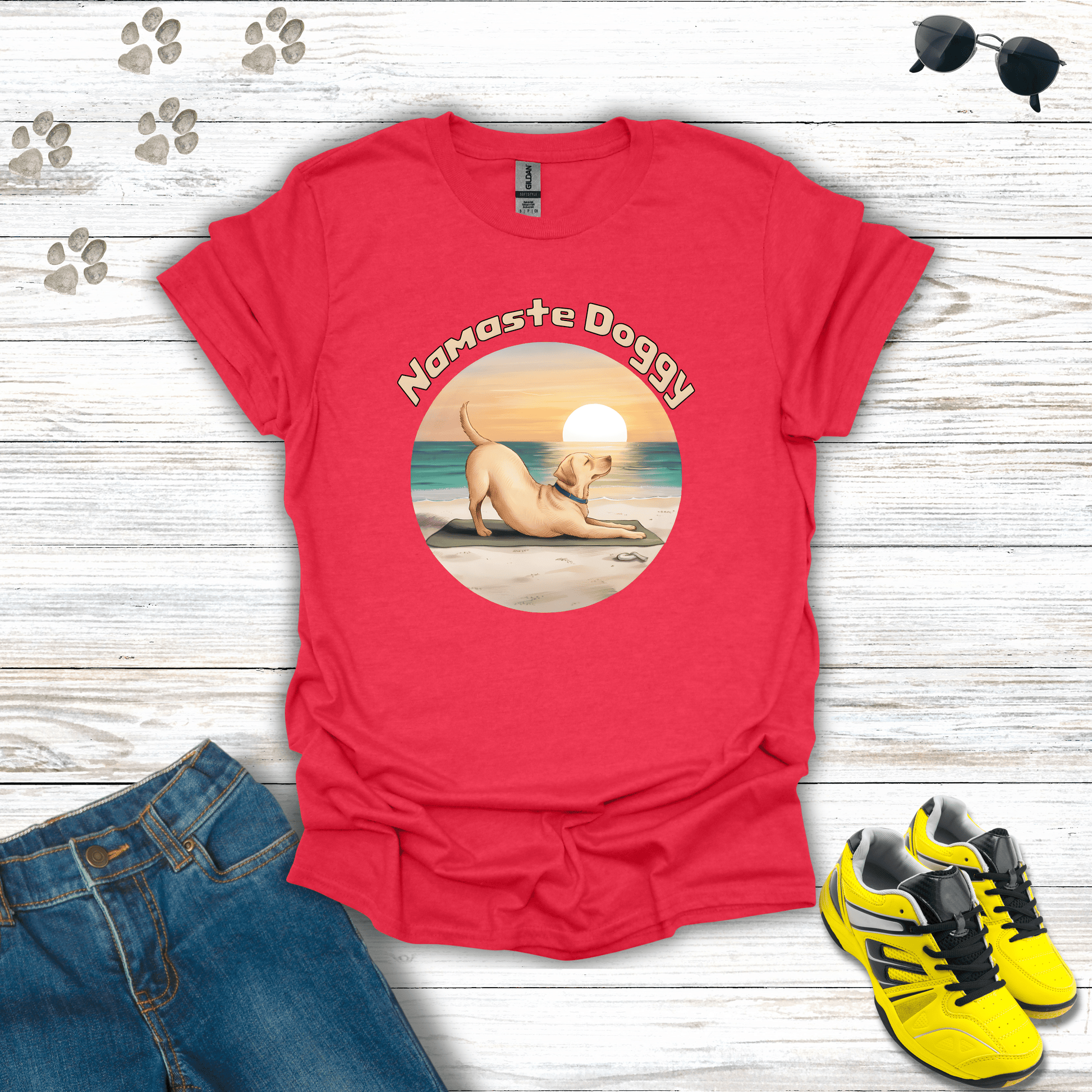 Namaste Doggy T-shirt in Heather Red — Labrador in yoga pose on beach sunrise design