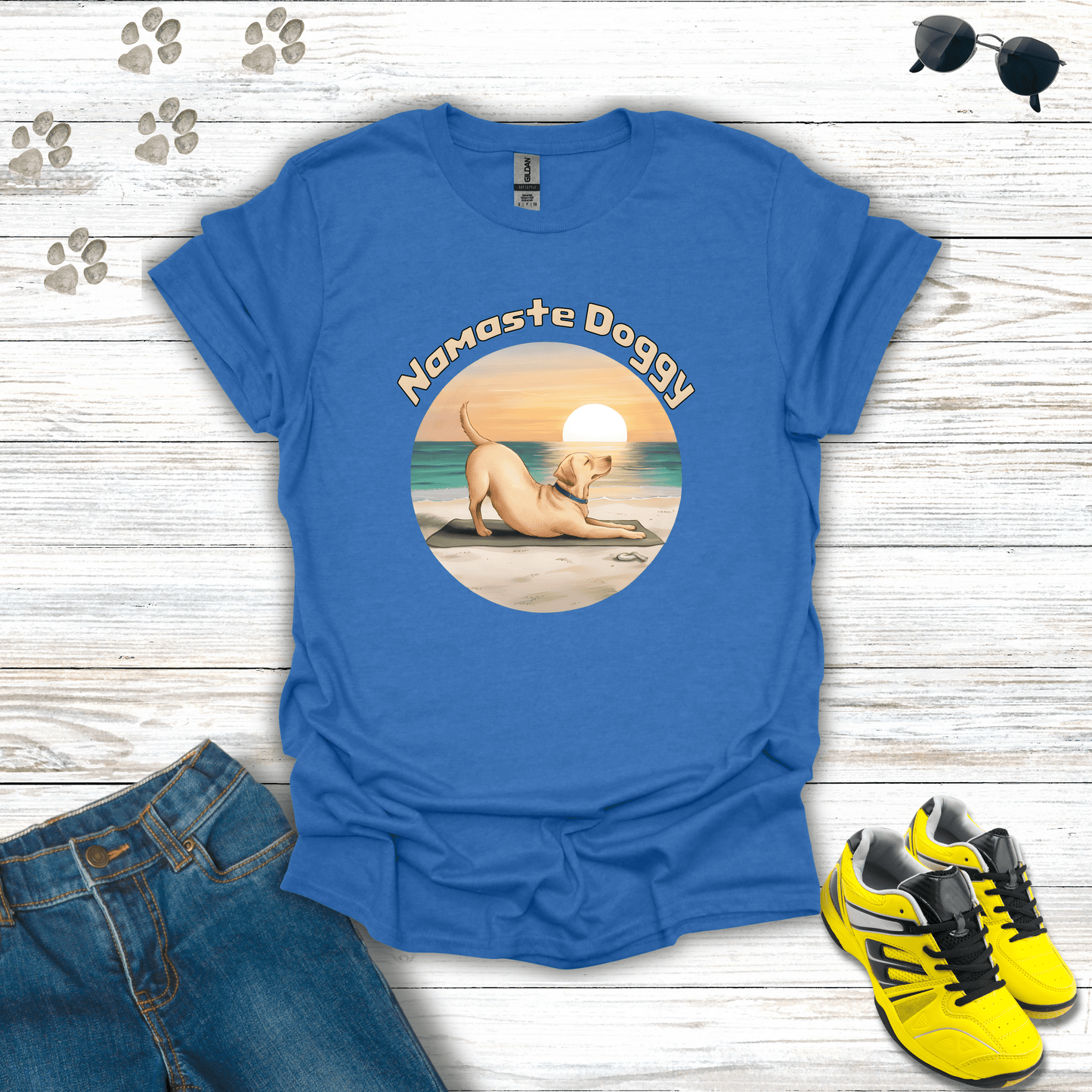Namaste Doggy T-shirt in Heather Royal — Labrador meditating sunrise shirt