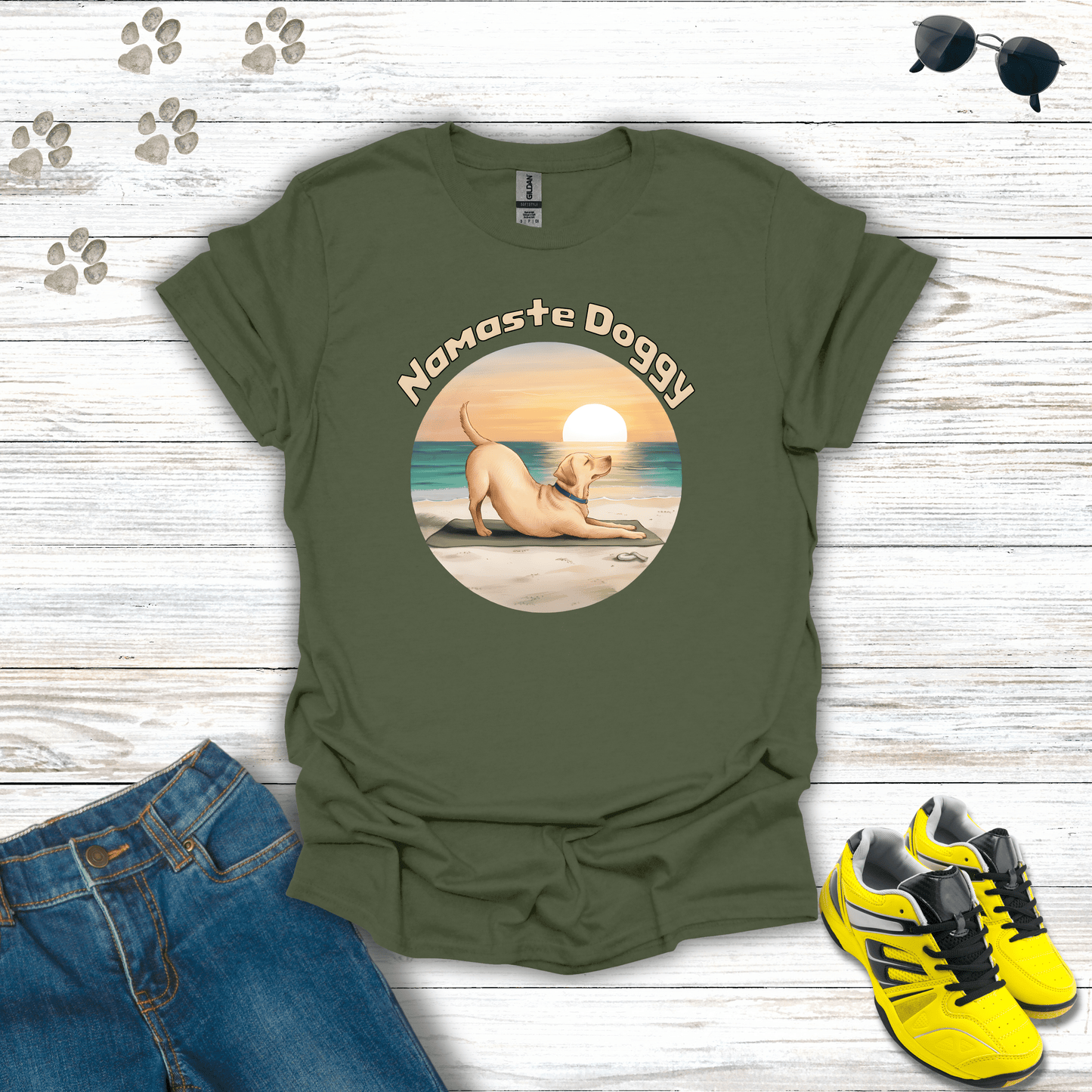 Namaste Doggy T-shirt in Military Green — yoga dog graphic with ocean background