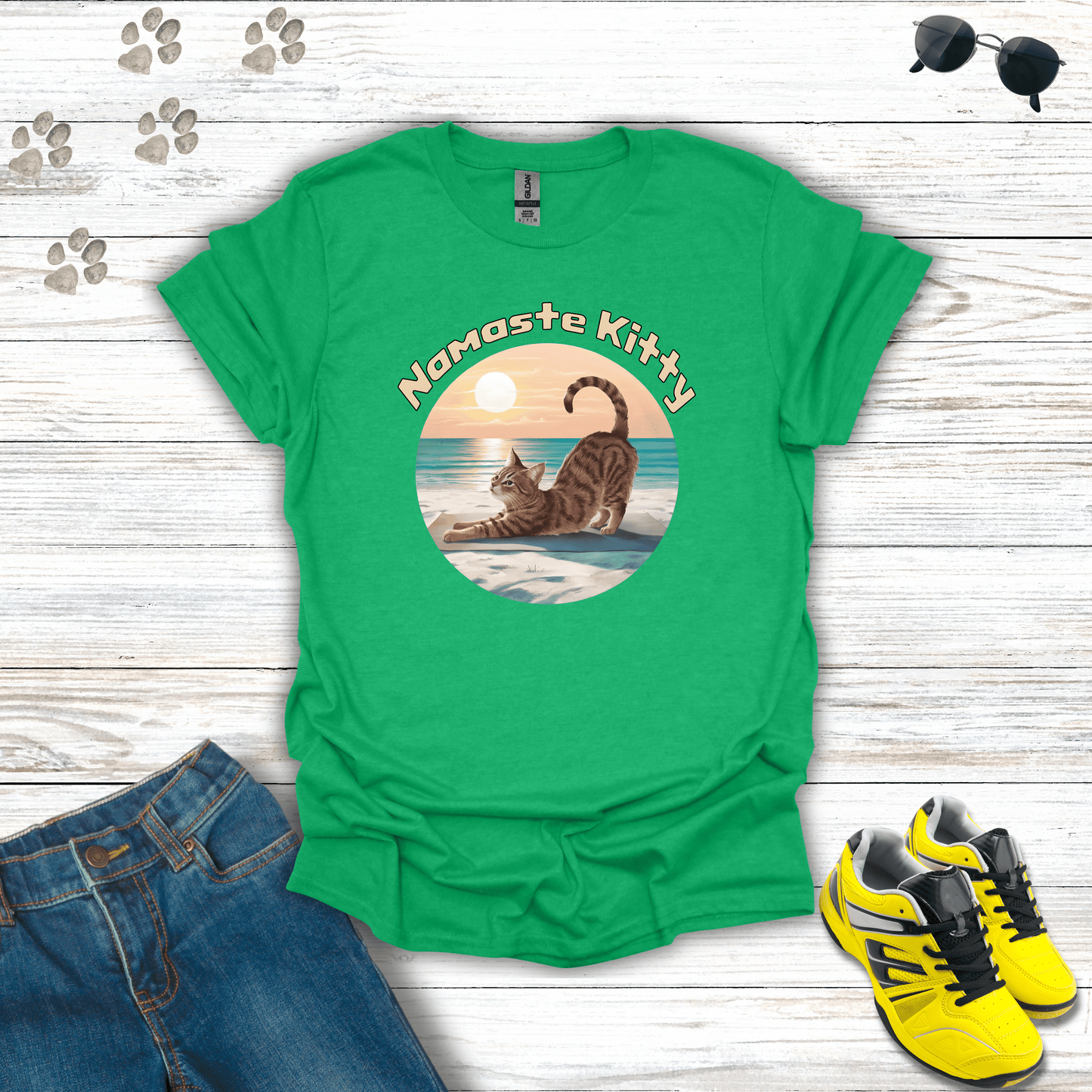 Namaste Kitty T-shirt in Heather Irish Green — yoga-inspired cat lover tee