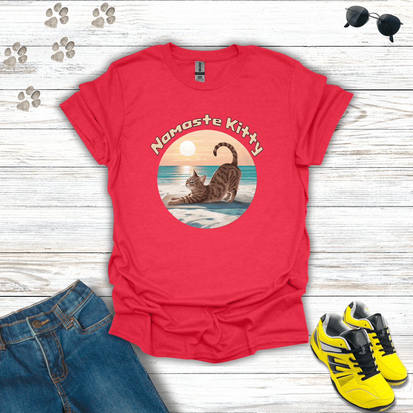 Namaste Kitty T-shirt in Heather Red — peaceful cat yoga shirt with ocean sunrise