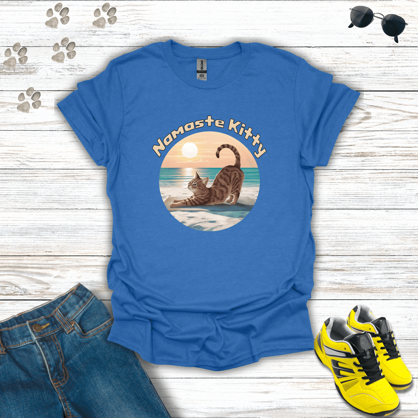 Namaste Kitty T-shirt in Heather Royal — meditating tabby cat yoga pose graphic