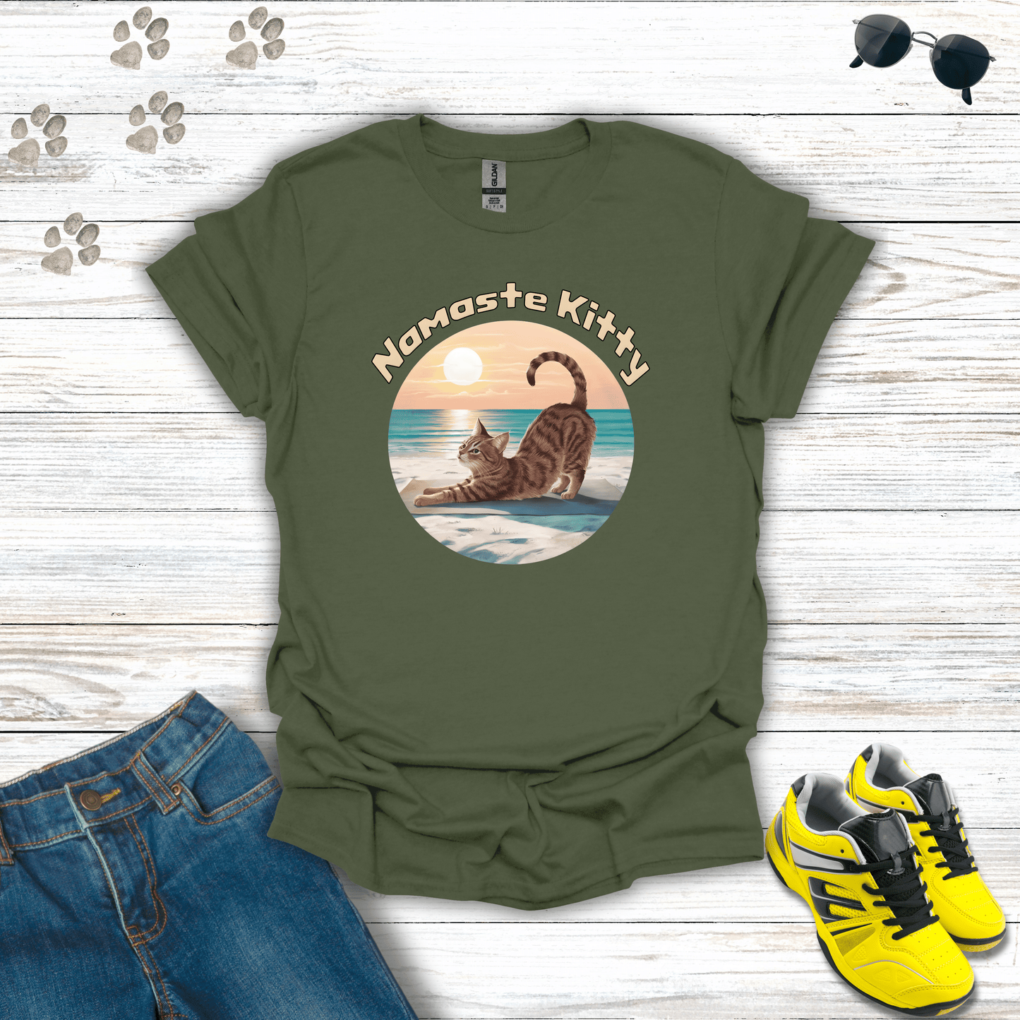 Namaste Kitty T-shirt in Military Green — mindfulness cat and beach design