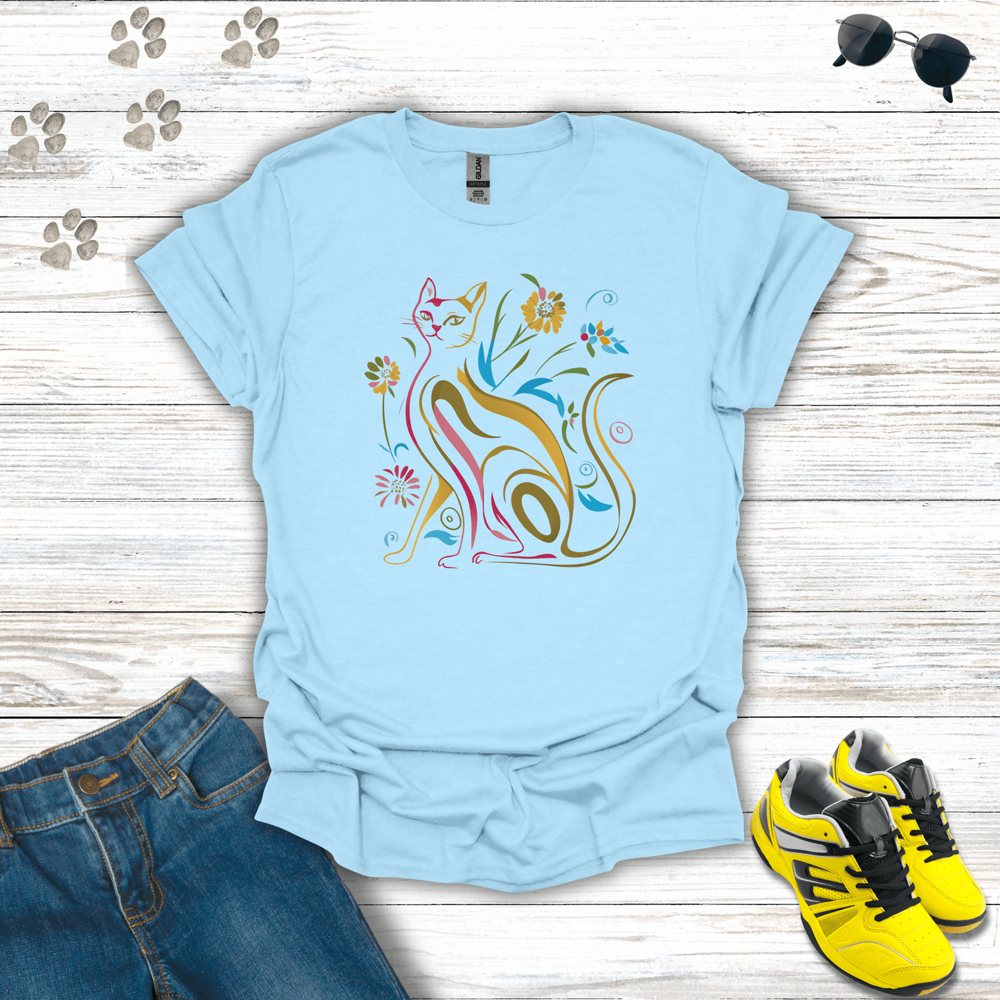 Nature's Palette: The Serene Feline T-Shirt Light Blue / S unisex graphic t-shirt