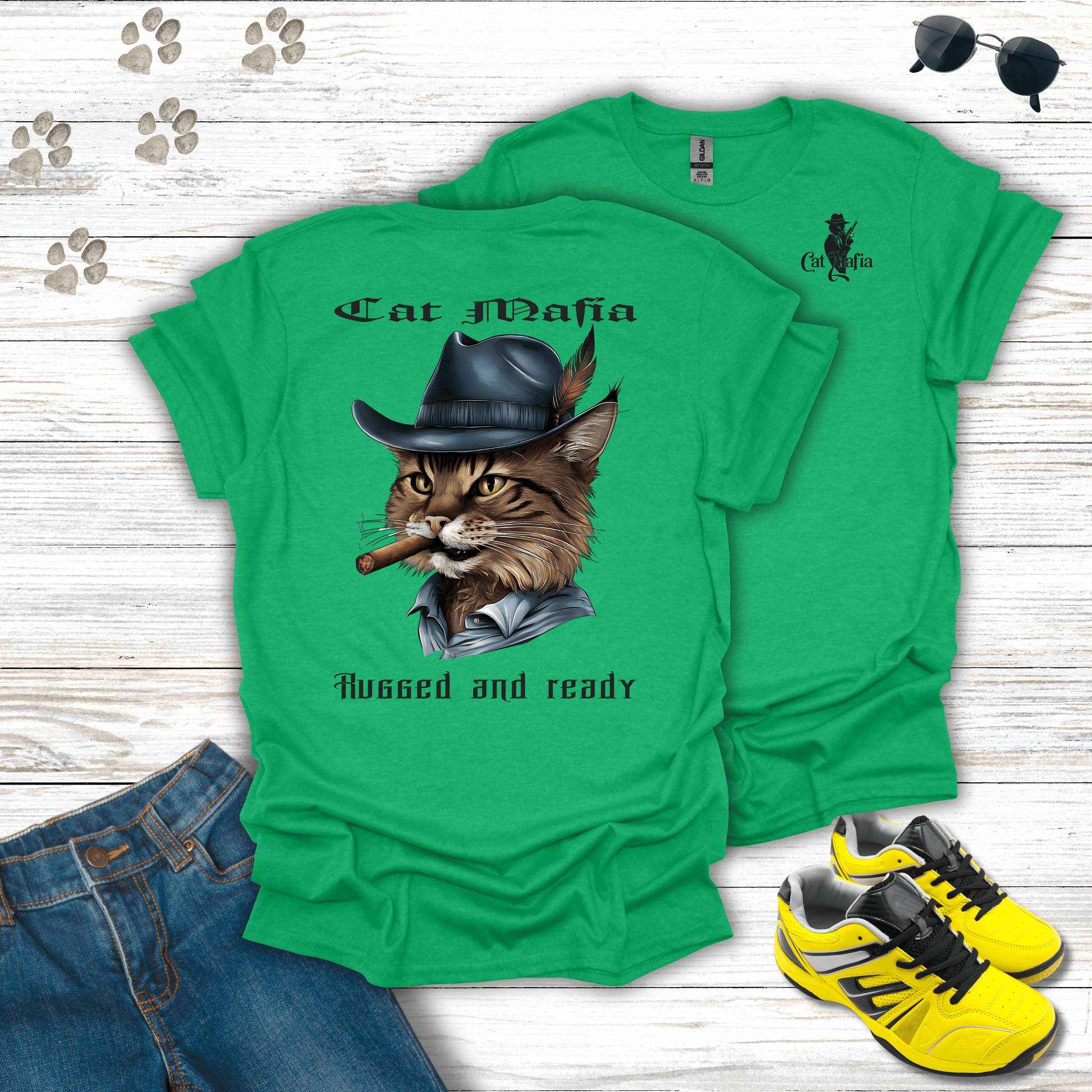 Norwegian Forest Cat Mafia T-shirt in Heather Irish Green — bold Norwegian Forest Cat in fedora and cigar design