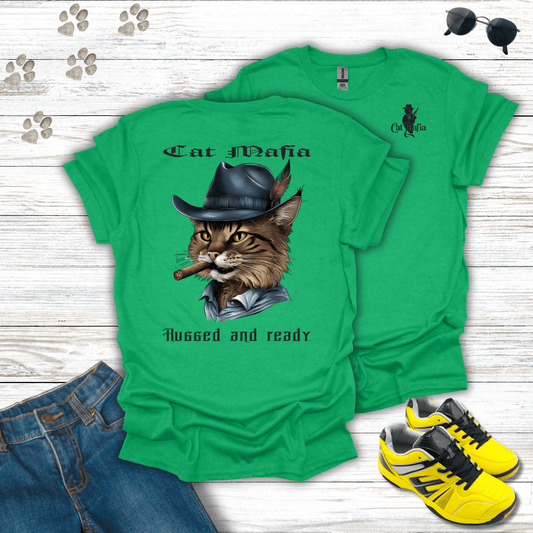 Norwegian Forest Cat Mafia T-shirt in Heather Irish Green — bold Norwegian Forest Cat in fedora and cigar design