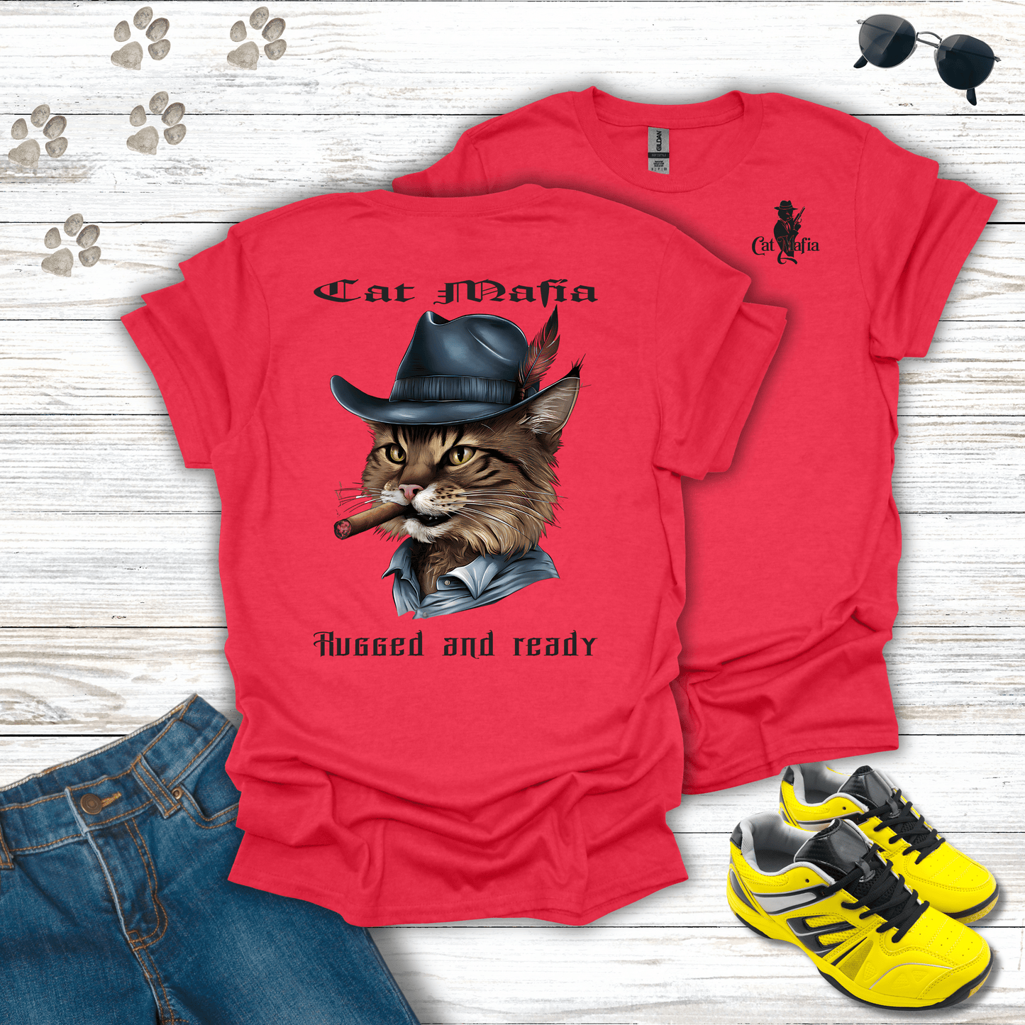 Norwegian Forest Cat Mafia T-shirt in Heather Red — striking Norwegian Forest Cat mafia tee