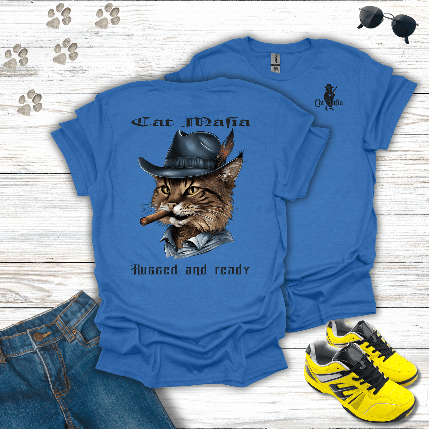 Norwegian Forest Cat Mafia T-shirt in Heather Royal — rugged Norwegian Forest Cat mafia boss shirt