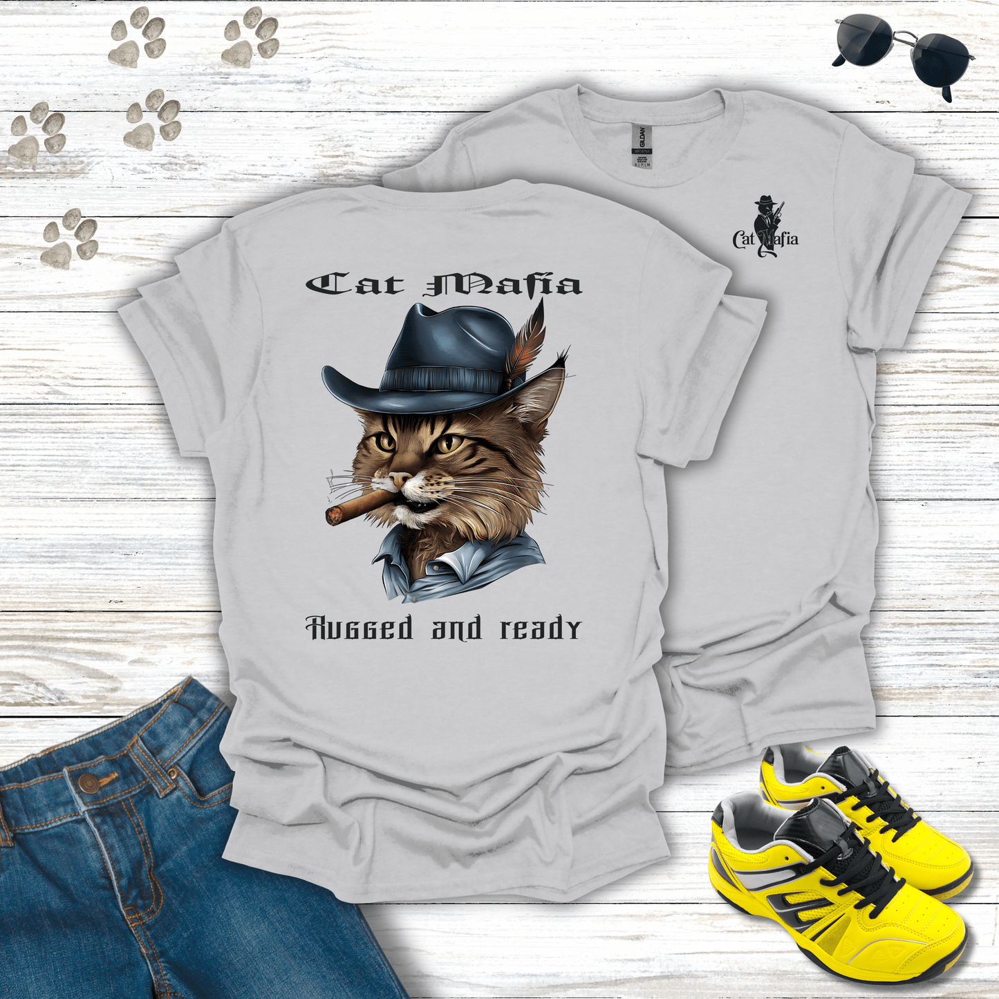 Norwegian Forest Cat Mafia T-shirt in Ice Grey — elegant mafia-style Norwegian Forest Cat tee