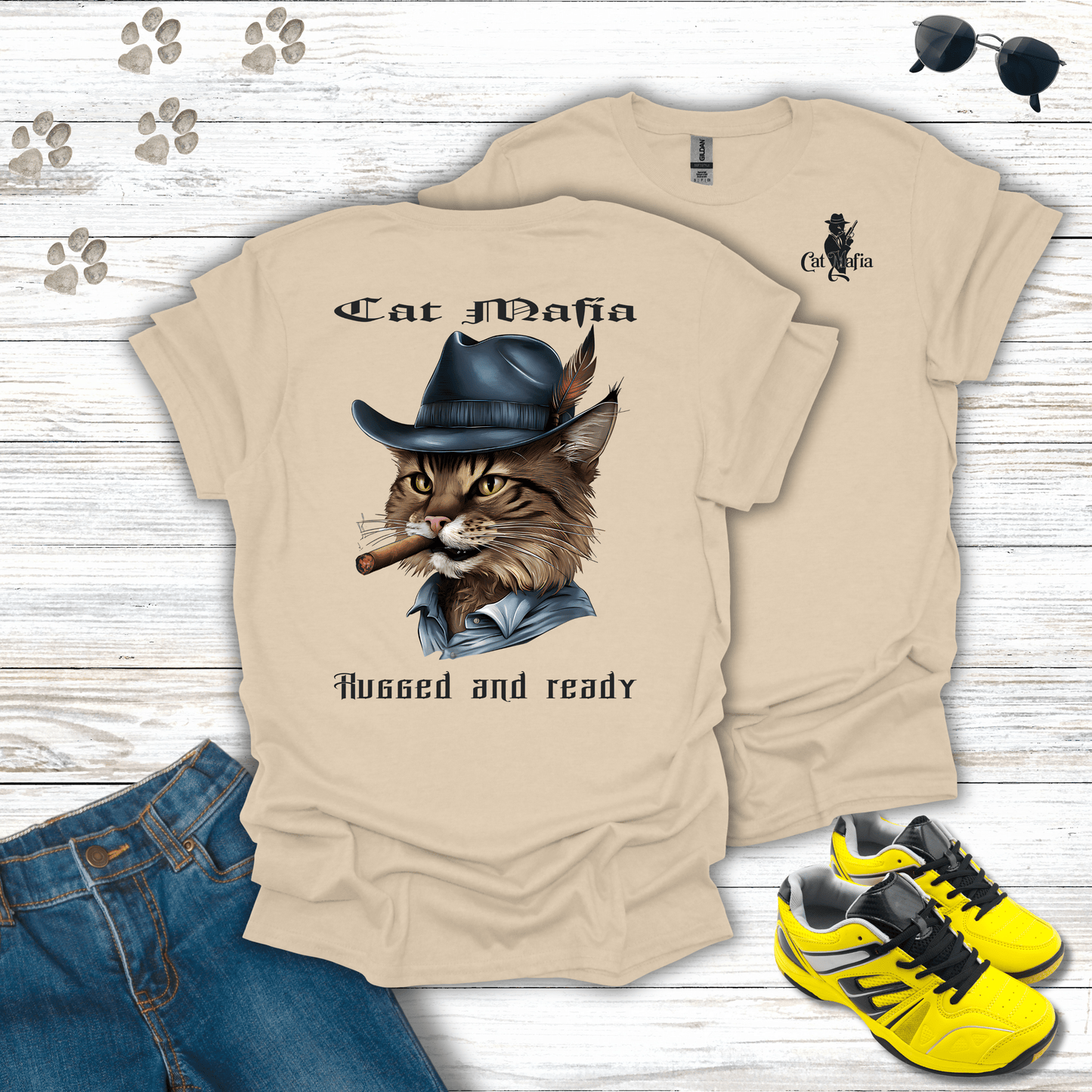 Norwegian Forest Cat Mafia T-shirt in Sand — refined Norwegian Forest Cat mafia boss shirt