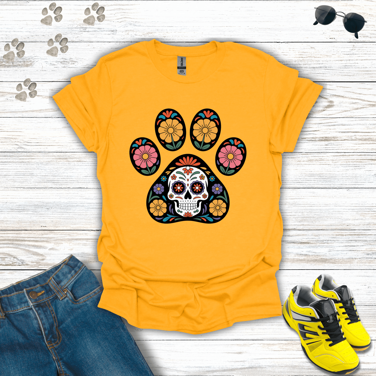Paw of Remembrance Sugar Skull T-Shirt Gold / S unisex graphic t-shirt