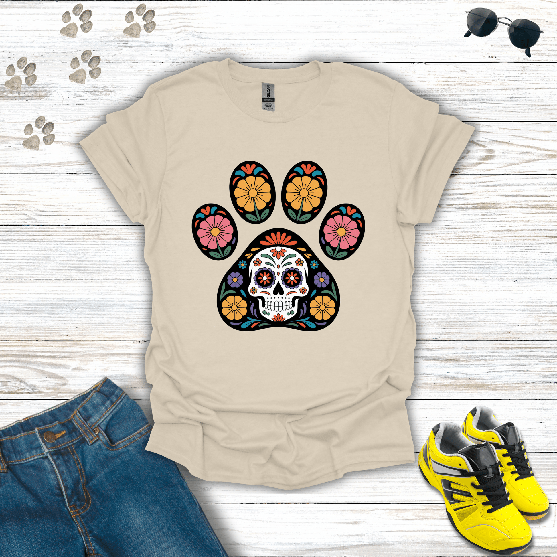 Paw of Remembrance Sugar Skull T-Shirt Natural / S unisex graphic t-shirt