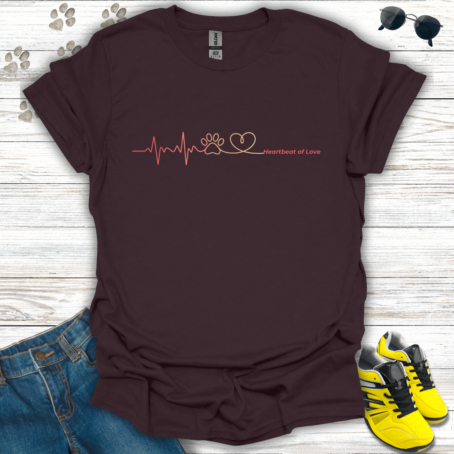 Clean minimal heartbeat paw design printed on dark chocolate Valentine shirt