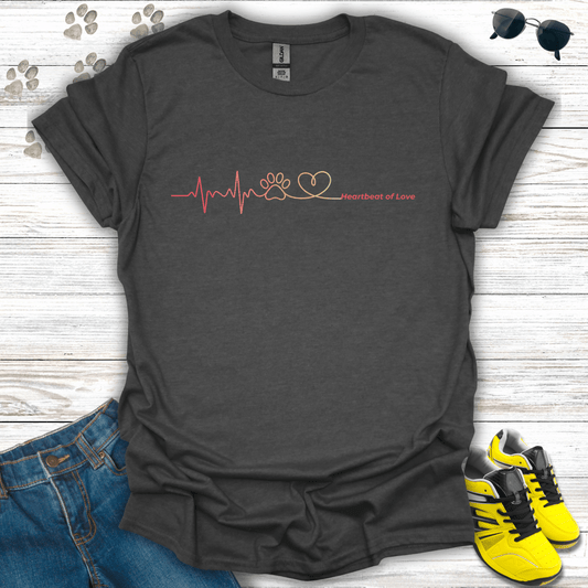 Minimal heart and paw line art printed on dark heather  Valentine shirt