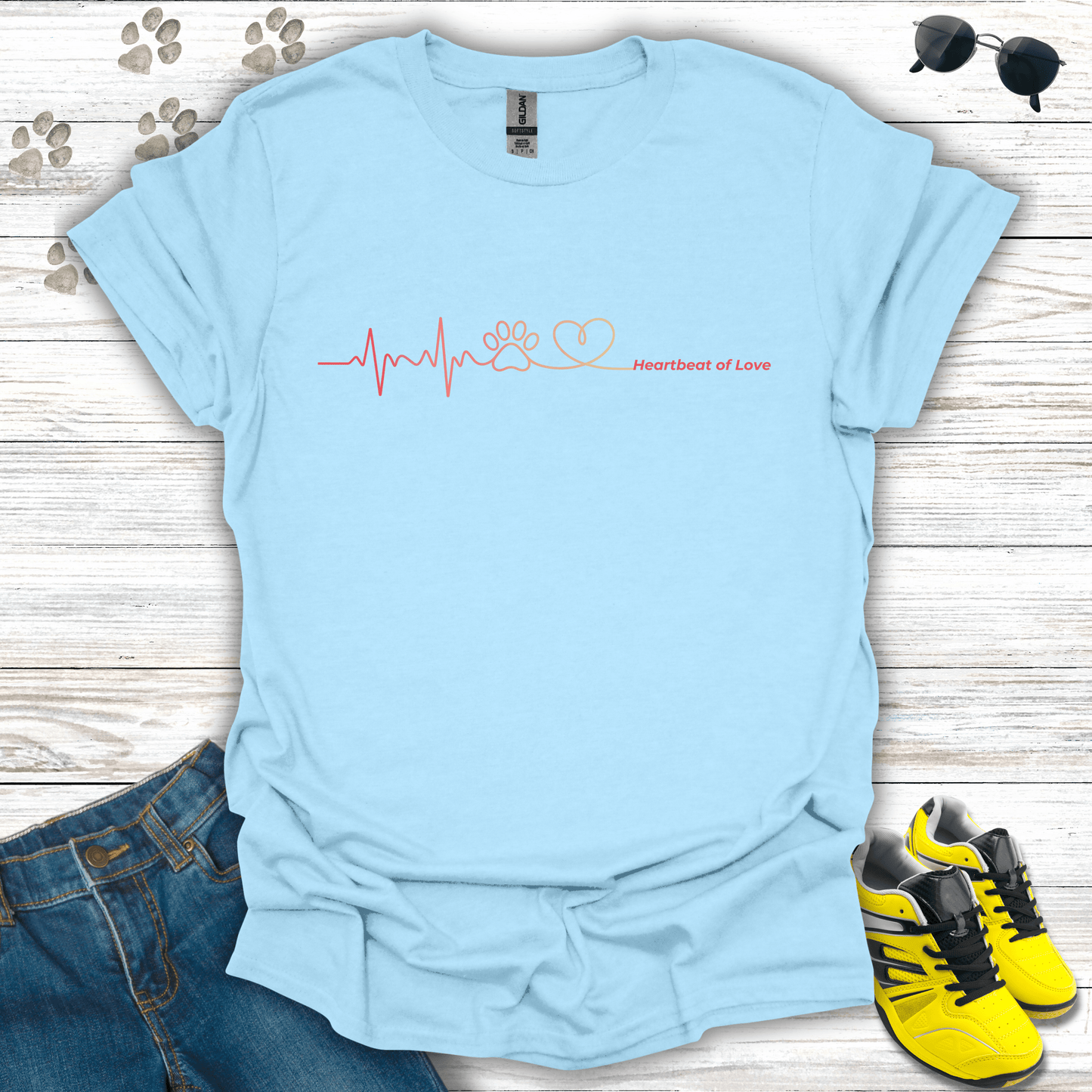 Minimal pet heartbeat line art on light blue Valentine shirt