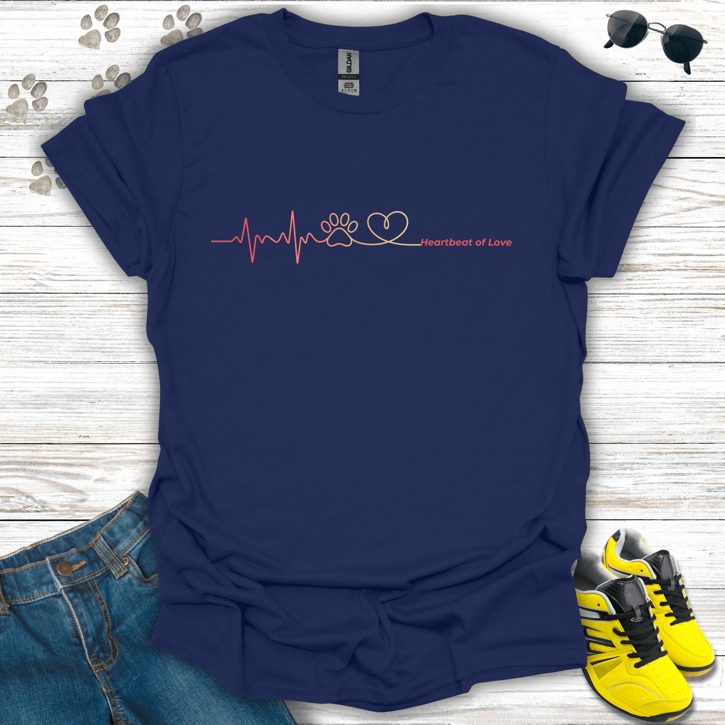 Minimal heartbeat paw Valentine graphic printed on navy blue tee