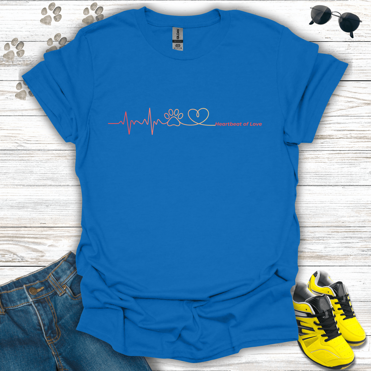 Minimal paw heartbeat Valentine design printed on heather royal tee