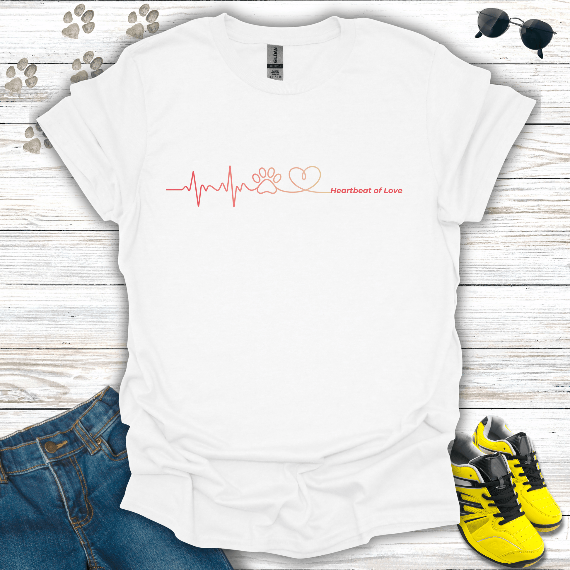 Minimal paw heartbeat line art printed on white Valentine T-shirt