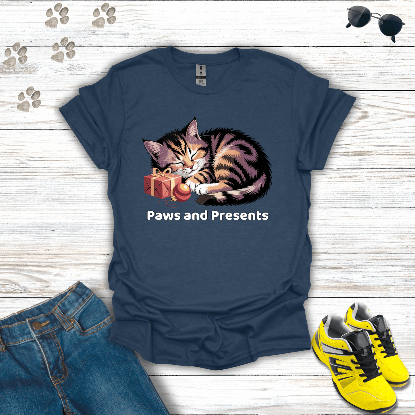 Paws and Presents Cat T-Shirt Heather Navy / S unisex graphic t-shirt