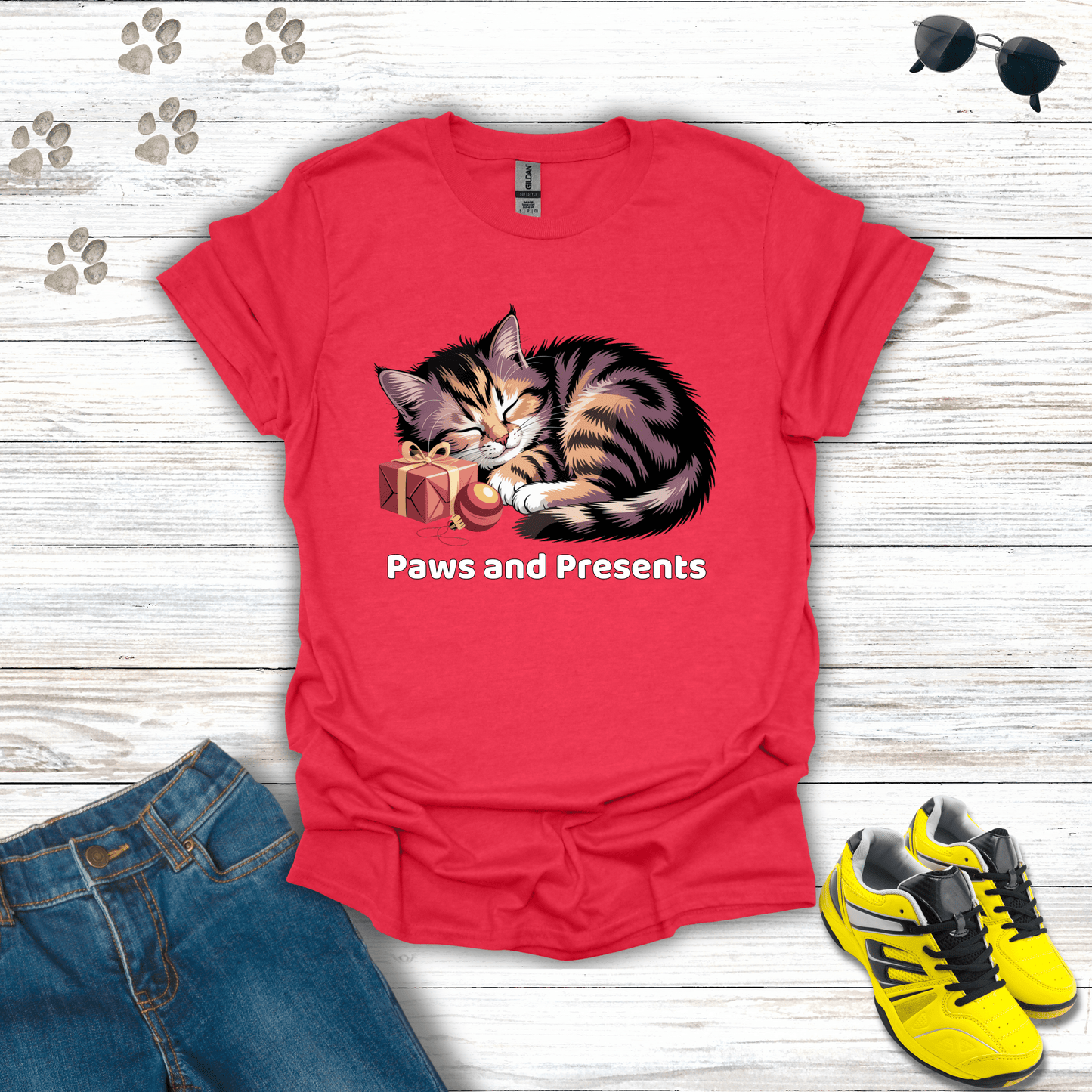 Paws and Presents Cat T-Shirt Heather Red / S unisex graphic t-shirt