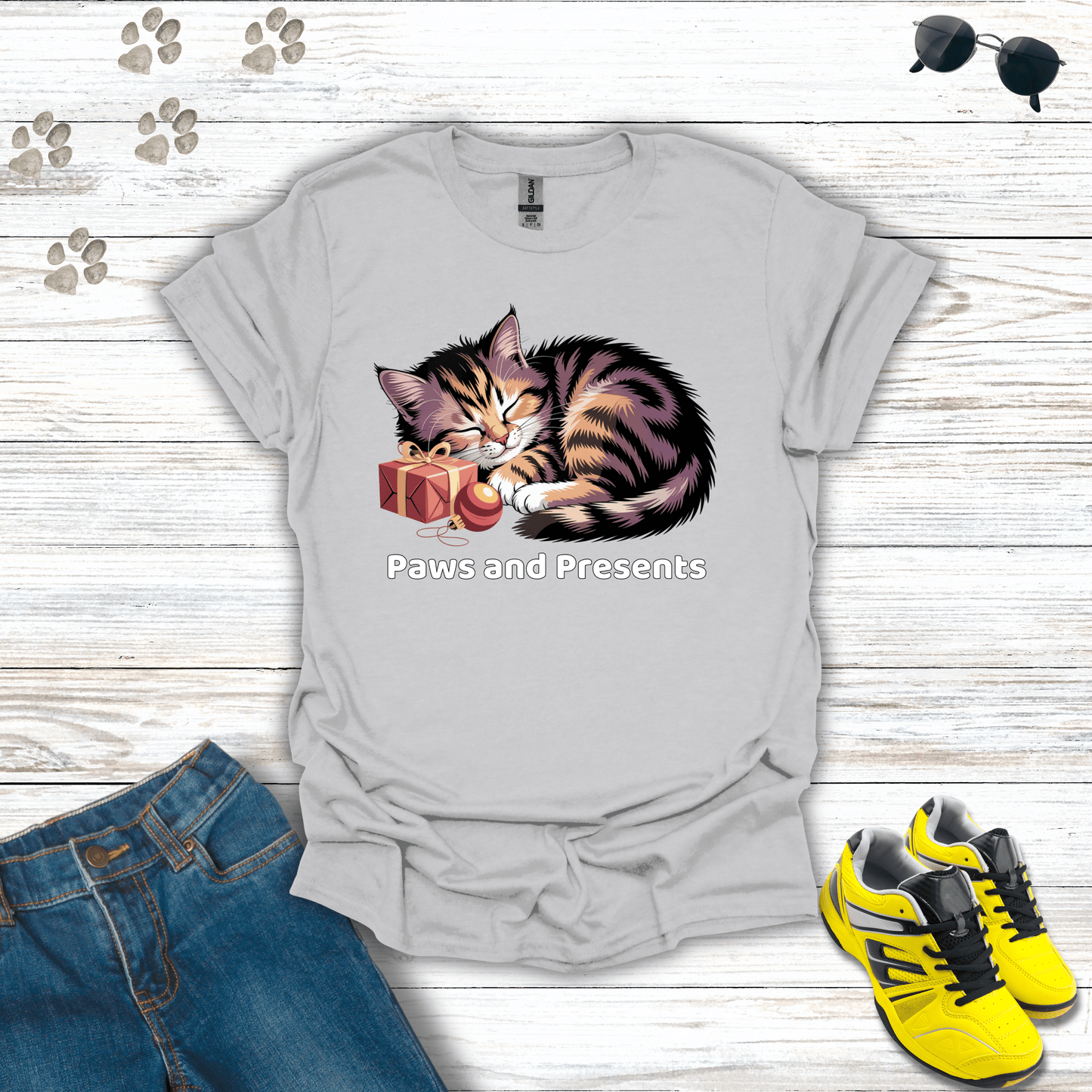 Paws and Presents Cat T-Shirt Ice Grey / S unisex graphic t-shirt