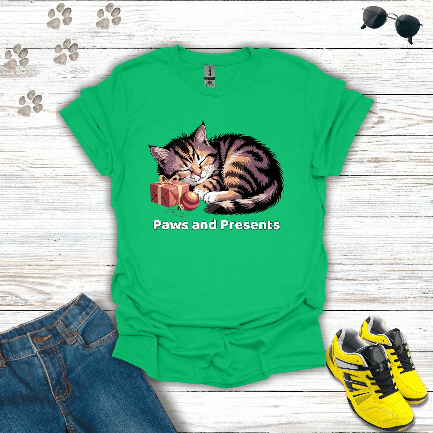 Paws and Presents Cat T-Shirt Irish Green / S unisex graphic t-shirt