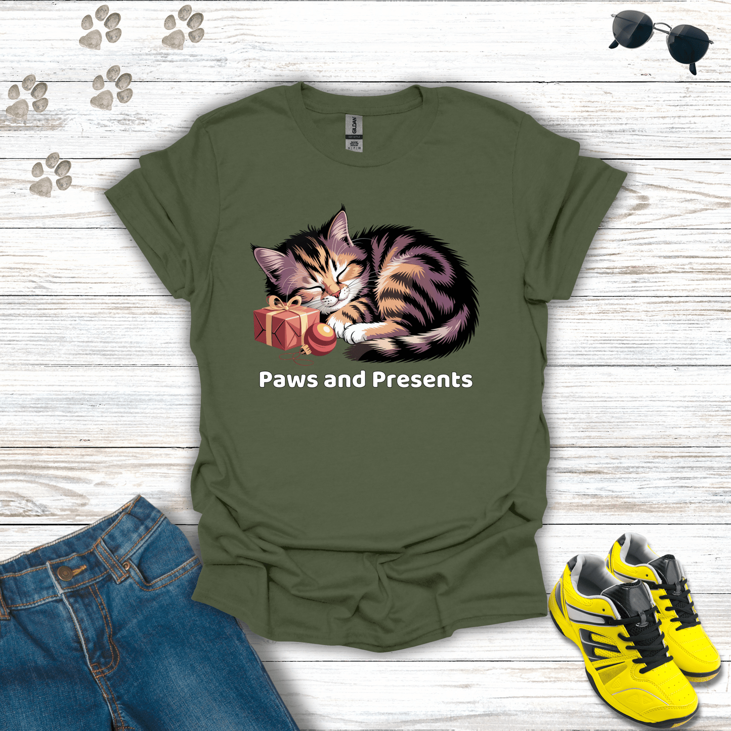 Paws and Presents Cat T-Shirt Military Green / S unisex graphic t-shirt