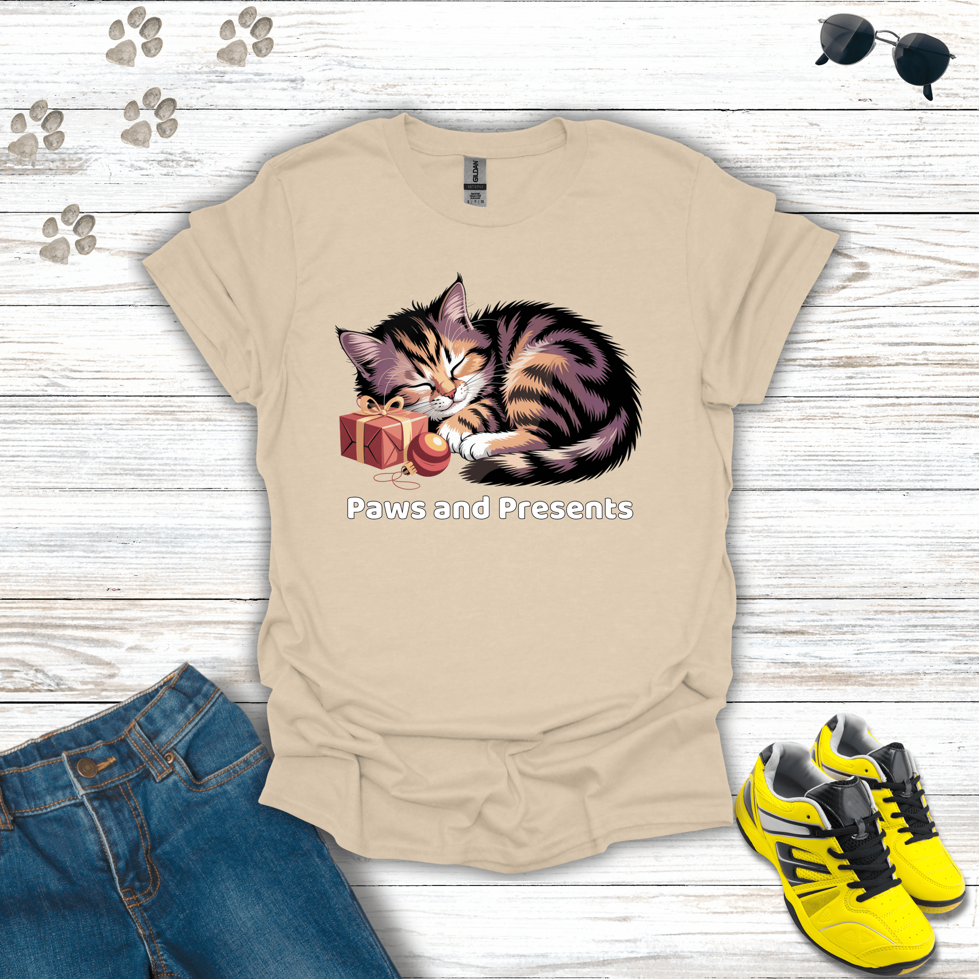 Paws and Presents Cat T-Shirt Sand / S unisex graphic t-shirt