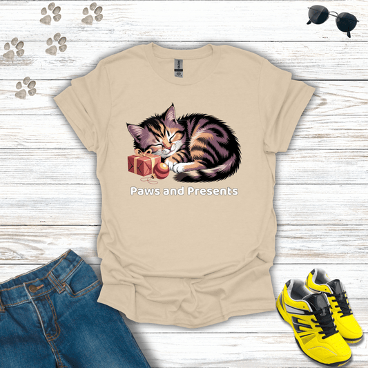 Paws and Presents Cat T-Shirt Sand / S unisex graphic t-shirt