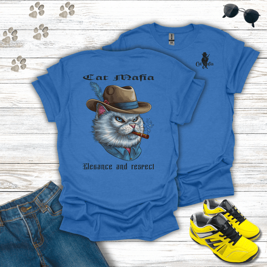 Persian Cat Mafia T-shirt in Heather Royal — elegant Persian cat in fedora and cigar design