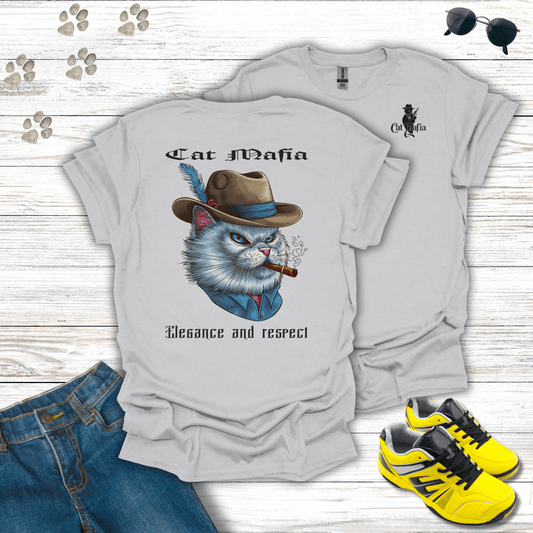 Persian Cat Mafia T-shirt in Ice Grey — refined Persian mafia cat graphic tee