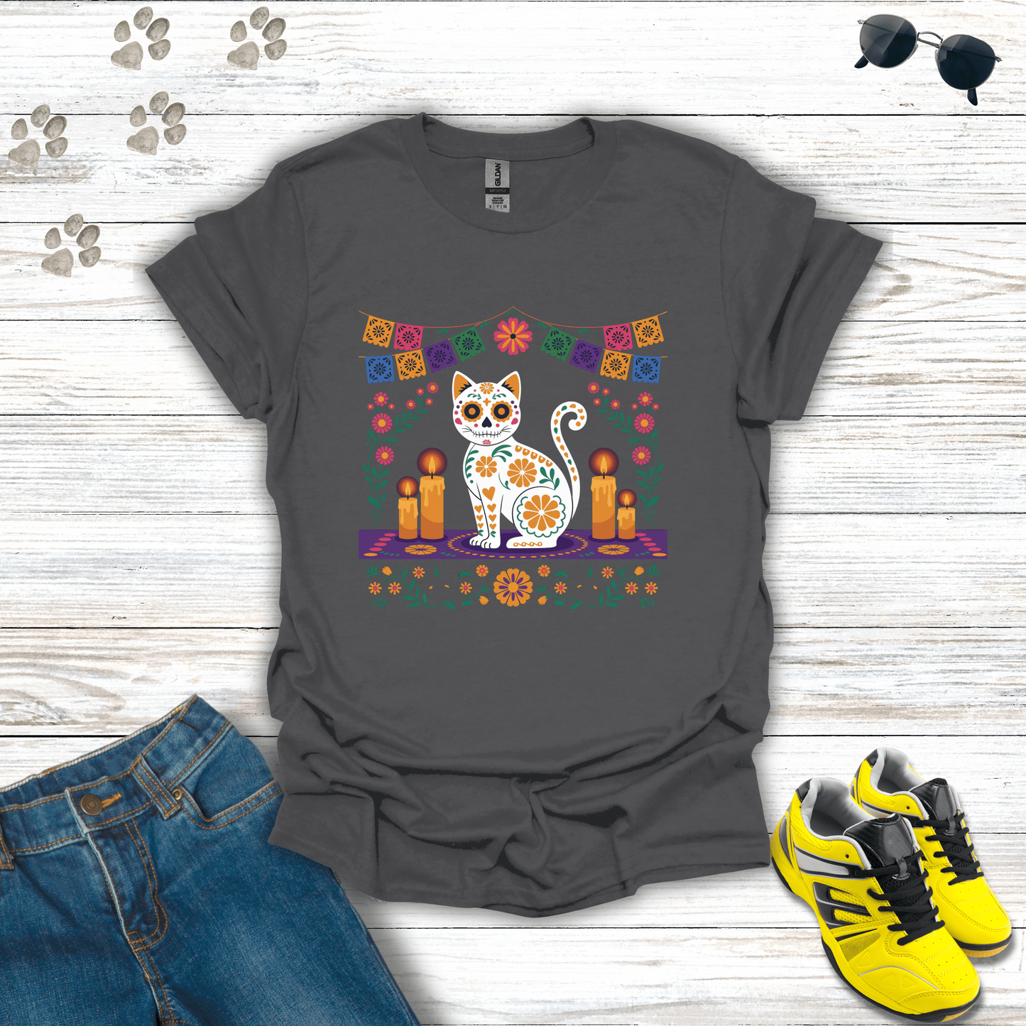 Pet Ofrenda Sugar Skull Cat T-Shirt Charcoal / S unisex graphic t-shirt