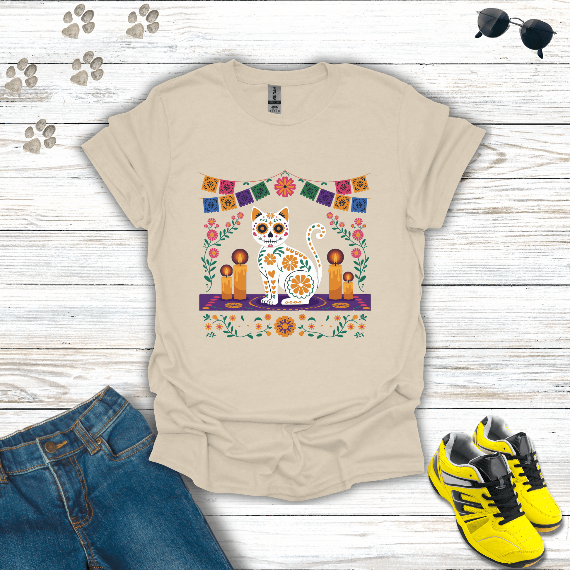 Pet Ofrenda Sugar Skull Cat T-Shirt Natural / S unisex graphic t-shirt